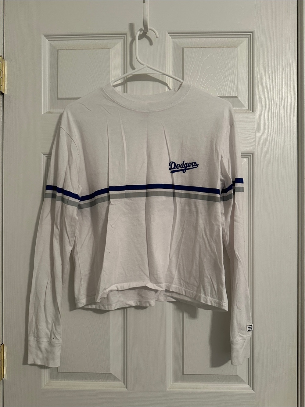 Los Angeles Dodgers White Long Sleeve Crop Top with Blue Stripes
